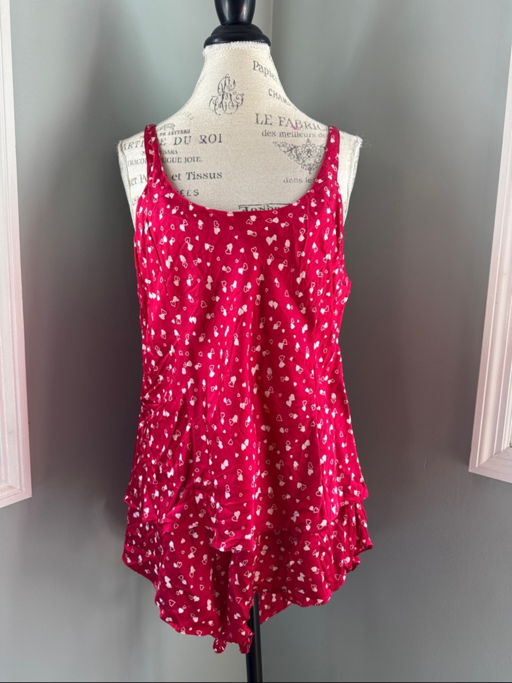 Vanchelle vintage silk pajama set shorts tank red with white hearts XL